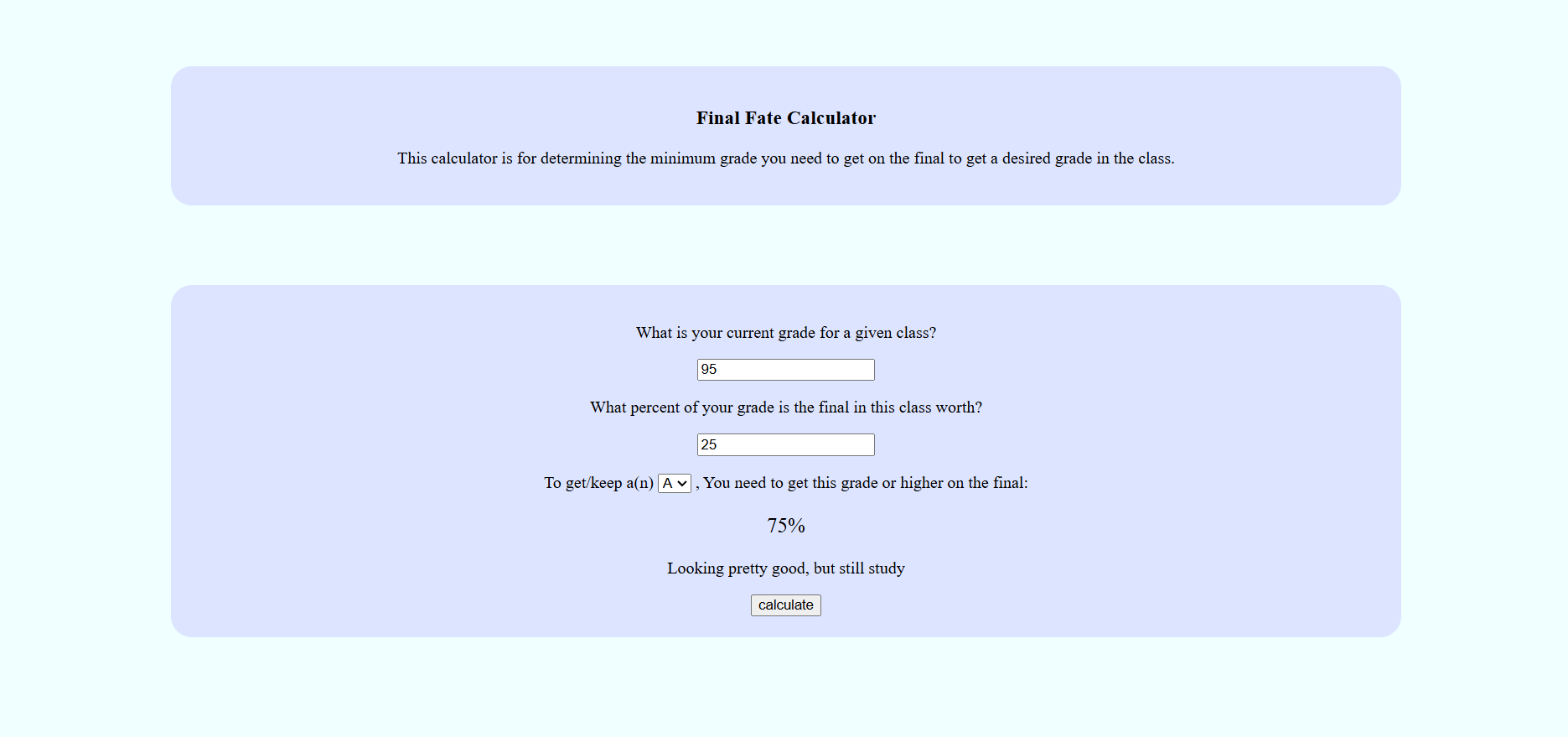 A screenshot of the Final Calculator